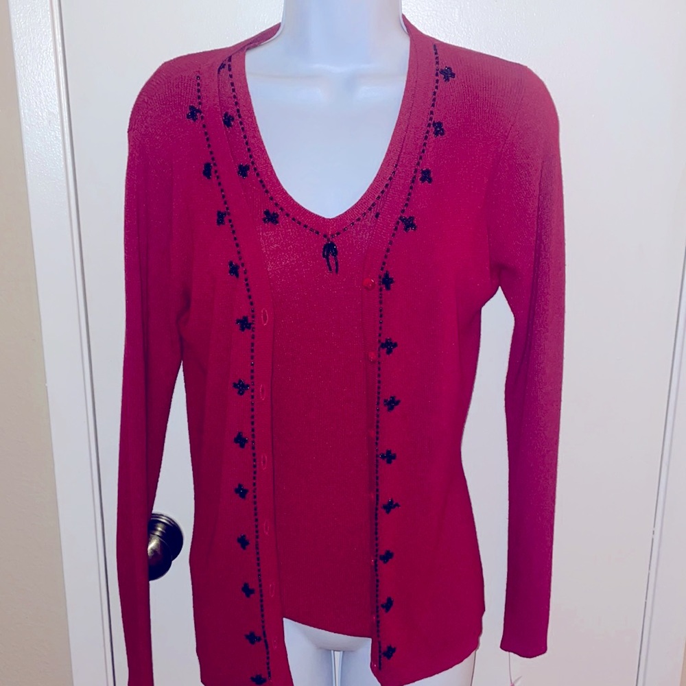 American Knit works red beaded cardigan set vintage S